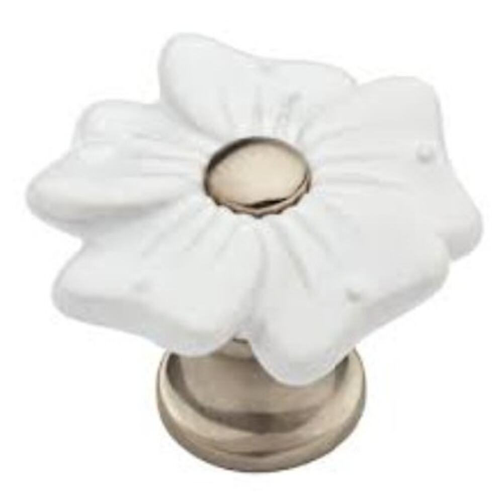 ONE Brainerd Petite Floral 1-3/8" White & Satin Nickel Traditional Cabinet Knob